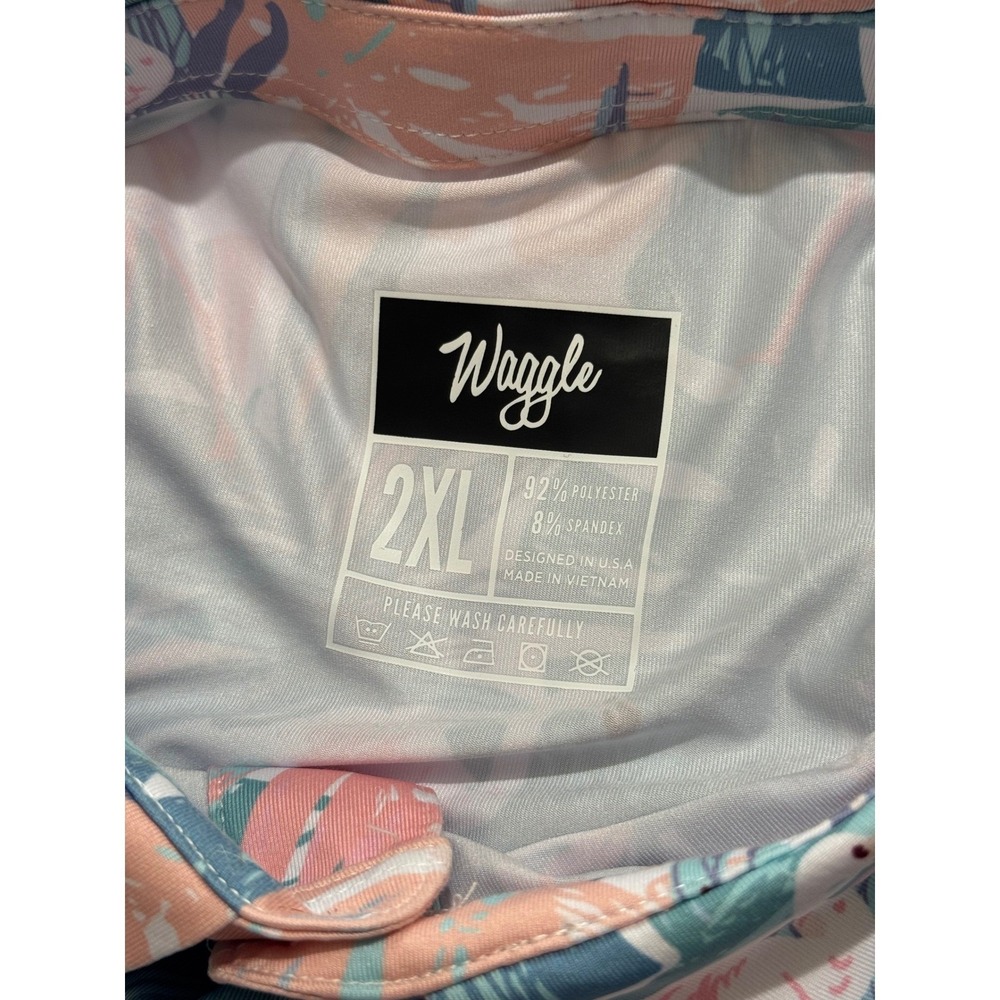 Waggle Flamingo Tropical Golf Polo Shirt 2XL Stretch Performance Pink Blue - Picture 9 of 9